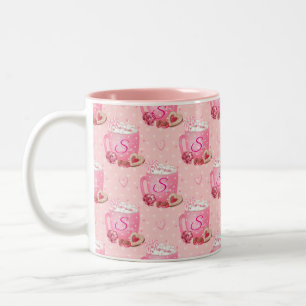 Valentins-Pink- und Weißer Kaffeebecher mit Initia Zweifarbige Tasse