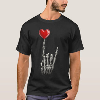 Valentins Rockstar-Skelett-Handzeichen-Herzgeschen T-Shirt