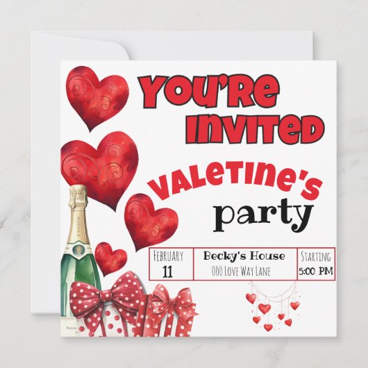 Valentins Rote Herzen und Polka Dots Champagne Einladung (Vorderseite)