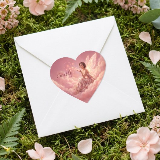 Valentinsfee auf rosa Wolken Fantasy Art Name Herz-Aufkleber