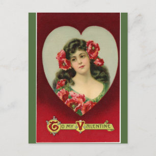 Valentinsgruß mit Vintage-Dame und Mohnblumen Postkarte