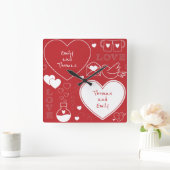 Valentinsgruß-Muster-Wanduhr - Weiß auf Rot Quadratische Wanduhr (Zuhause)