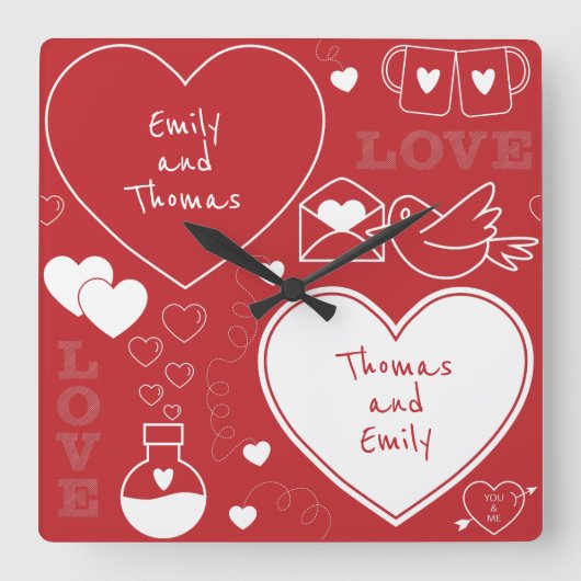 Valentinsgruß-Muster-Wanduhr - Weiß auf Rot Quadratische Wanduhr (Vorderseite)