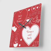 Valentinsgruß-Muster-Wanduhr - Weiß auf Rot Quadratische Wanduhr (Winkel)