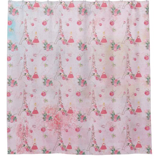 Valentinsgruß-Paris-Mädchen-Eiffeltower im Rosa - Duschvorhang (Vorderseite)