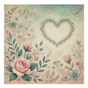 Valentinsherz Blumen vintage pastell Aquarell  Poster