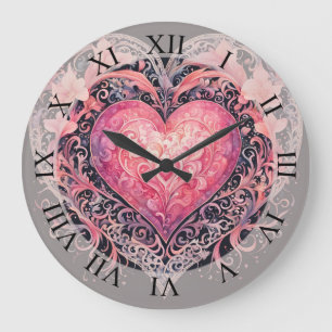 Valentinsherz Rosa Liebesblumen Ornamente  Große Wanduhr