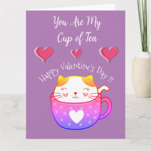 Valentinskarte mit einer Katze in einer Teetasse Karte