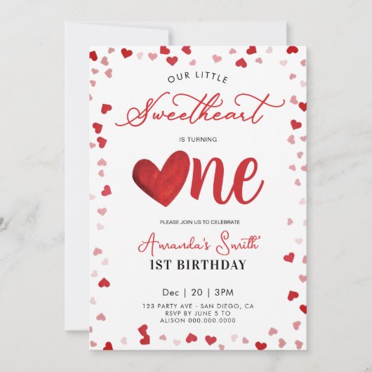 Valentinstag 1. Geburtstag Mädchen Einladung (Vorderseite)