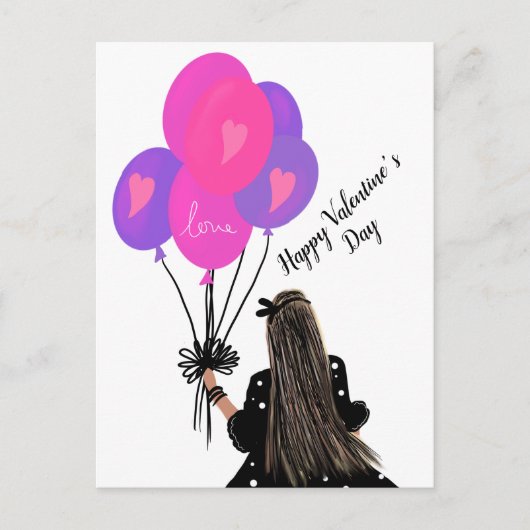 Valentinstag Balloon Chic Girl Illustration Pink Postkarte (Vorderseite)