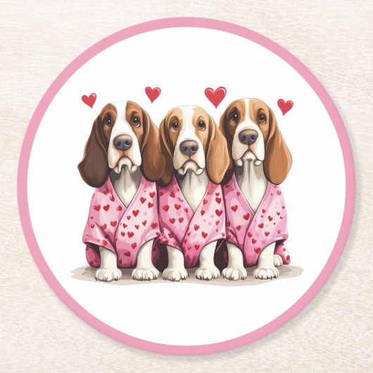 Valentinstag Basset Hound Hunde Runder Pappuntersetzer (Vorderseite)