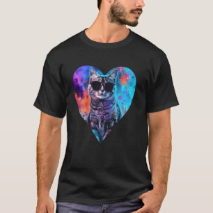 Valentinstag Bunte Herz Sonnenbrille Süße Katze T-Shirt