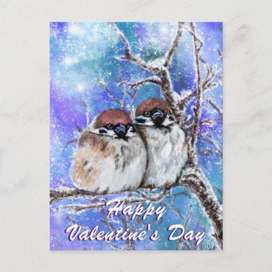 Valentinstag Card mit Winter Sparrows Couple Postkarte (Vorderseite)