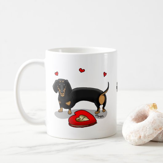 Valentinstag Dackel (schwarz & tan) - Niedlicher H Kaffeetasse (Mit Donut)