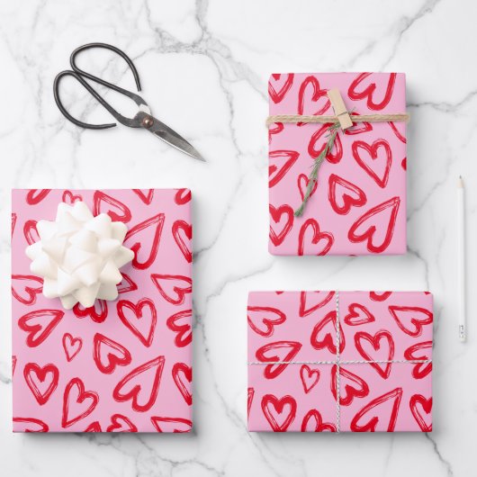Valentinstag des handgezogenen Roten Herzens Geschenkpapier Set (Vorderseite)