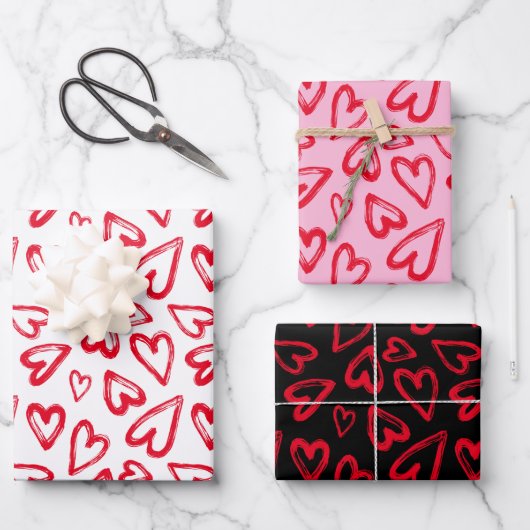 Valentinstag des handgezogenen Roten Herzens Geschenkpapier Set (Vorderseite)