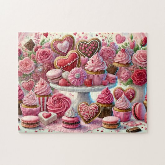Valentinstag-Dessert-Herz-Kekse & Cupcakes-Tisch Puzzle (Horizontal)