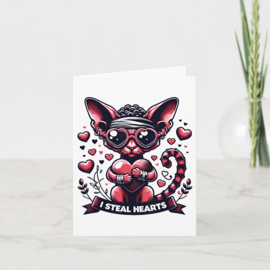 Valentinstag Devon Rex Cat I Steal Hearts Karte (Vorderseite)