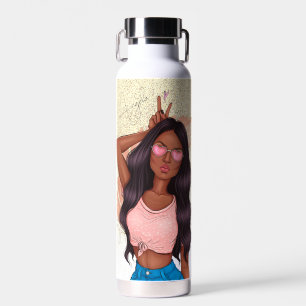 Valentinstag Faux Glitter Mädchen Tan Schwarze Haa Trinkflasche