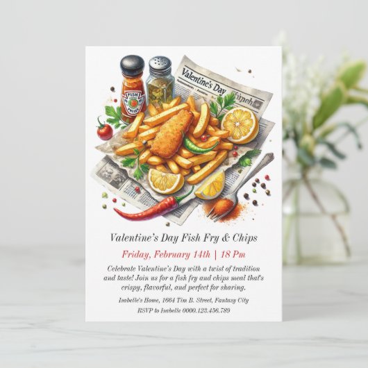 Valentinstag Fischfang & Chips Einladung (Stehend Vorderseite)