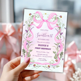 Valentinstag Florales Rosa Band Erstes Geburtstags Einladung
