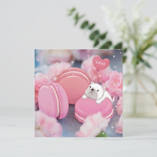 Valentinstag: Französischer Bulldog, Macarons & Bl Einladung (Stehend Vorderseite)