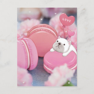 Valentinstag: Französischer Bulldog, Macarons & Bl Postkarte