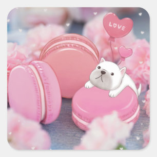 Valentinstag: Französischer Bulldog, Macarons & Bl Quadratischer Aufkleber