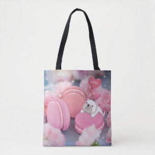Valentinstag: Französischer Bulldog, Macarons & Bl Tasche