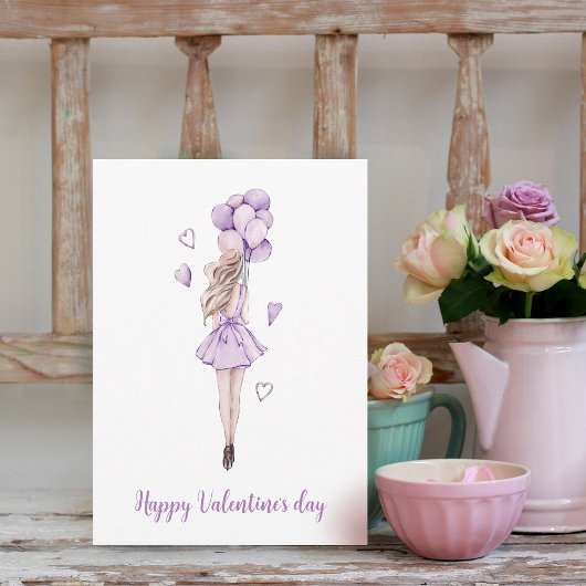 Valentinstag Frau mit Ballon Feiertagskarte