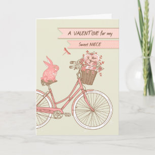 Valentinstag für Nichte, Fahrrad, rosa Kaninchen Feiertagskarte