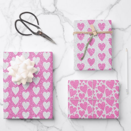 Valentinstag Geburtstag Rosa Glitzer Herz Geschenkpapier Set (Vorderseite)