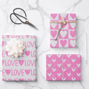 Valentinstag Geburtstag Rosa Weiße Glitzer Herzen Geschenkpapier Set