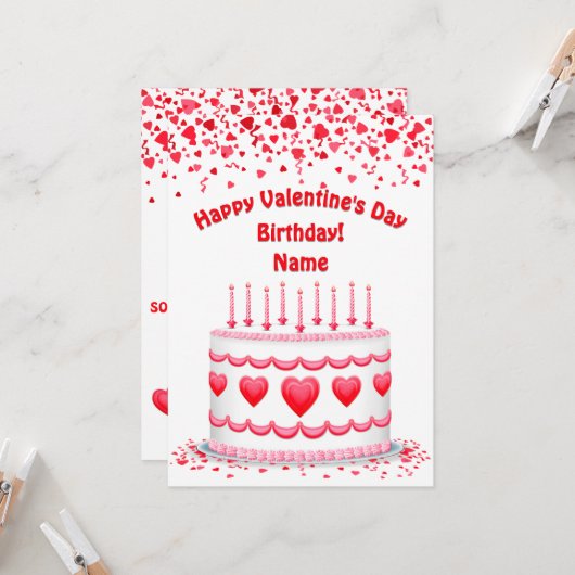 Valentinstag Geburtstagskuchen Flache benutzerdefi Karte (Vorderseite/Rückseite Beispiel)