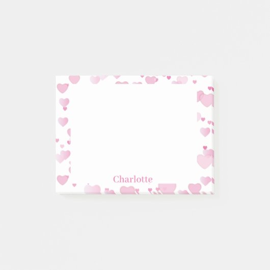 Valentinstag Geschenk Rosa Herzen & Name Post-it Klebezettel (Vorderseite)