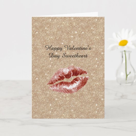 Valentinstag Gold Glitter Rote Lippen Küssen Karte (Kleine Pflanze)
