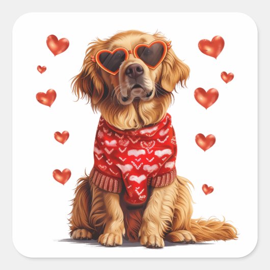Valentinstag Golden Retriever Dog Quadratischer Aufkleber (Vorderseite)