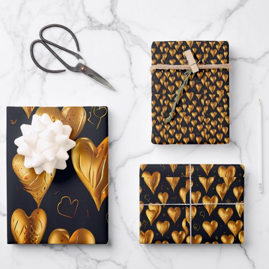 Valentinstag Goldene Herzen der Liebe Geschenkpapier Set (Vorderseite)