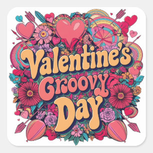 Valentinstag groovy Tag, Retro-Clipart Quadratischer Aufkleber