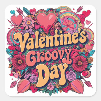 Valentinstag groovy Tag, Retro-Clipart Quadratischer Aufkleber