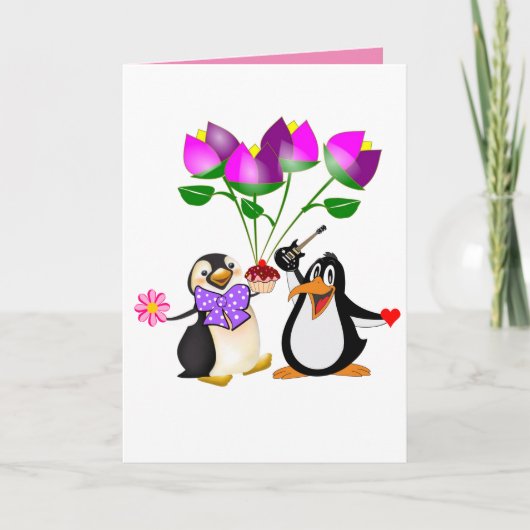 Valentinstag Grußkarte Pinguin Flora Feiertagskarte (Vorderseite)