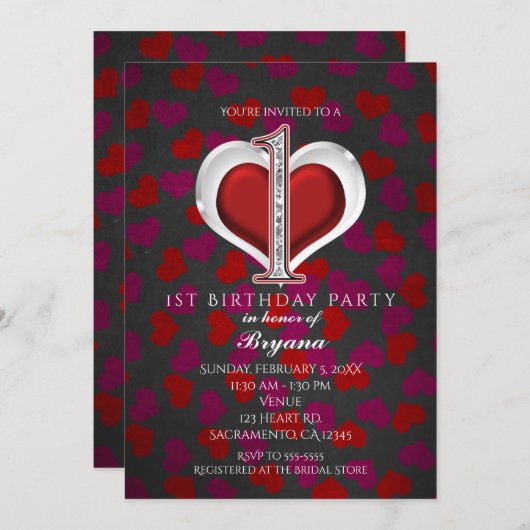 Valentinstag Herz 1. Geburtstag Einladungen (Vorne/Hinten)