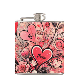 Valentinstag Herzen / Gänseblümchen / Klecks-Kunst Flachmann
