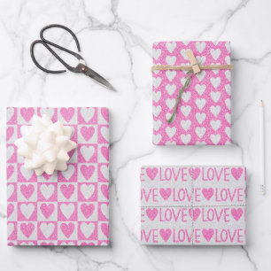 Valentinstag-Hochzeit Rosa Weiße Glitzer Herzen  Geschenkpapier Set