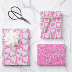 Valentinstag-Hochzeit Rosa Weiße Glitzer Herzen Geschenkpapier Set