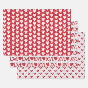 Valentinstag-Hochzeit Rot Weiß Glitter-Herzen Geschenkpapier Set