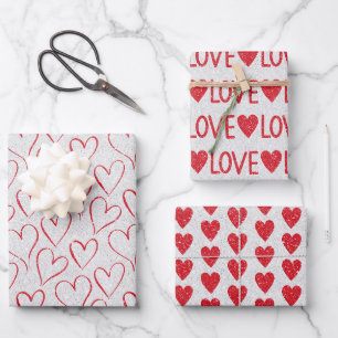 Valentinstag Hochzeit Roter Glitzer Herz Geschenkpapier Set