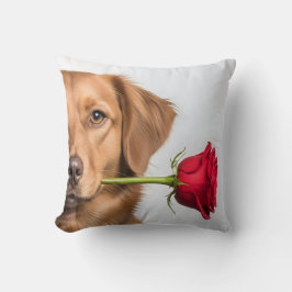 Valentinstag-Hund hält Rosenporträt, süßer Hund Kissen