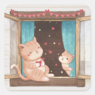 Valentinstag: Illustration über Katzen und Herzen Quadratischer Aufkleber