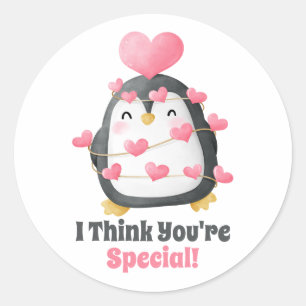 Valentinstag im Klassenzimmer Pinguin Pink Hearts Runder Aufkleber